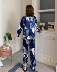 Navy Blue Leaf Printed Pajama Set