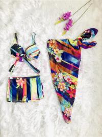 Floral Printed Three Piece Swimsuit with Wrapper