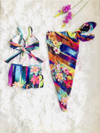 Floral Printed Three Piece Swimsuit with Wrapper