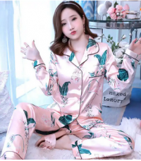 Pink Flower Printed Silk Pajama Set