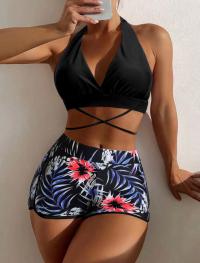 Halterneck Two Piece Swimsuit with Floral Shorts