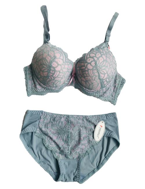 Grey Pink  Lace Design Bra and Panty Set
