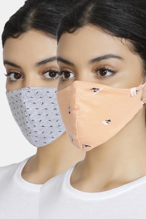 Zivame Reusable 2 Layer Printed Knit Cotton Antiviral Face Mask (Pack of 2) For Women - Grey Pink Bird Pt