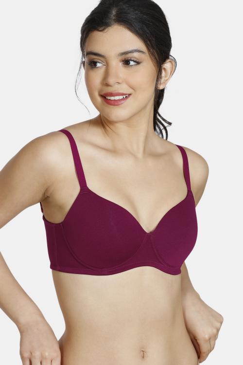 Zivame Padded Non-Wired 3/4th Coverage Ultra Low Back T-Shirt Bra - Beet Red