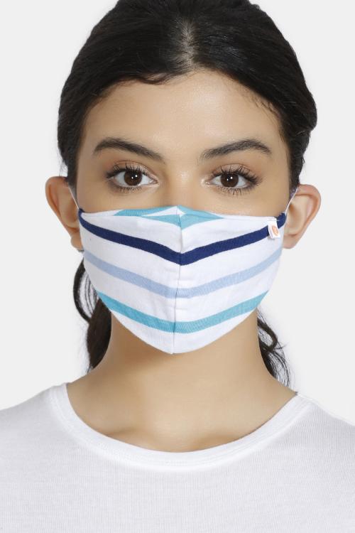 Zivame Reusable 2 Layer Printed Knit Cotton Antiviral Face Mask (Pack of 2) For Women - Navy Green Strp
