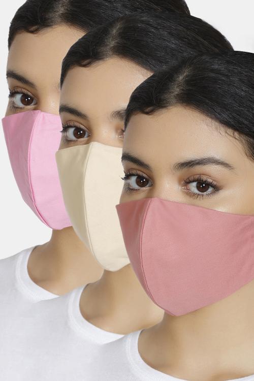 Zivame 3 Layer cotton Face Mask with Inbuilt Filter (Pack of 3) For Women - Pink Skin Brick