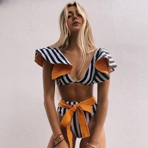 Black and White Stripped Ruffle Sleeved Two Piece Stylish Swimsuit
