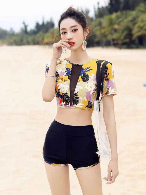 Yellow and Black Floral Two Piece Swimsuit
