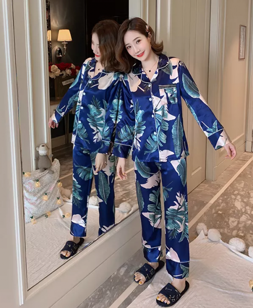 Navy Blue Leaf Printed Pajama Set