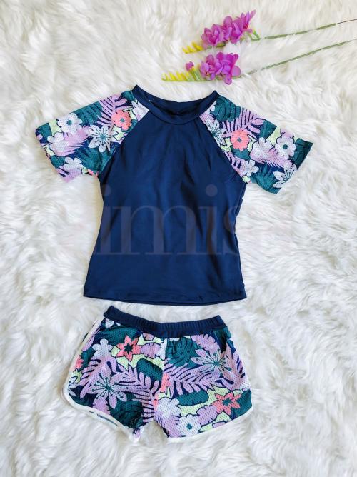 Plain Sporty Two Piece Padded Swimsuit With Floral Shorts
