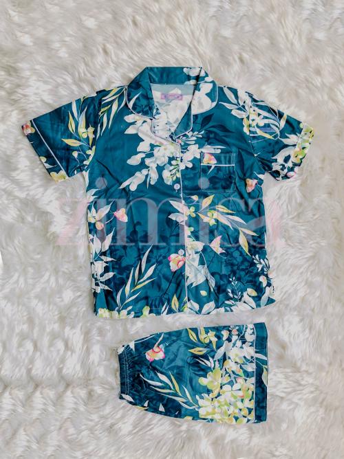 Teal Floral Printed Half Pajama Set