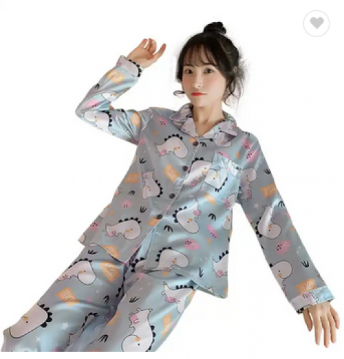 Sky Blue Cartoon Printed Silk Pajama Set