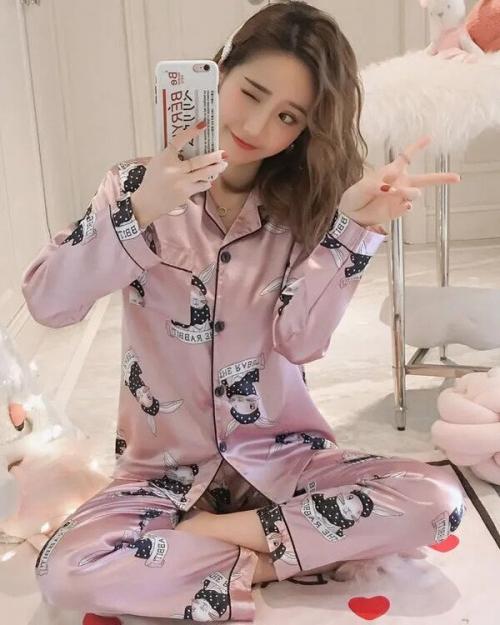 Rabbit Printed Silk Pajama Set