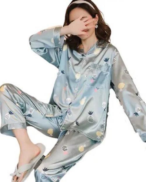 Bluish Grey Flower Printed Silk Pajama Set