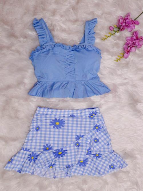Blue Two Piece Swimsuit with Floral Checkered Skirt