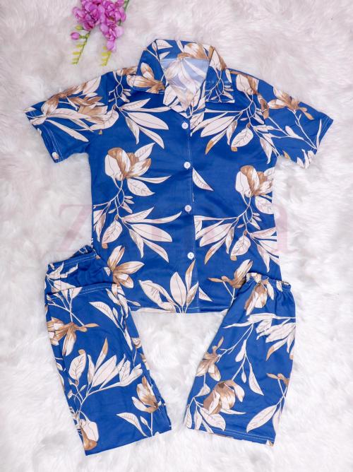 Blue Leaf Printed Three Piece Pajama Set