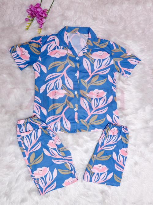 Blue Floral Printed Three Piece Pajama Set