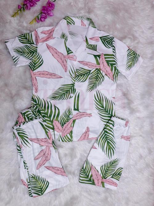 Green Leaf Printed Three Piece Pajama Set