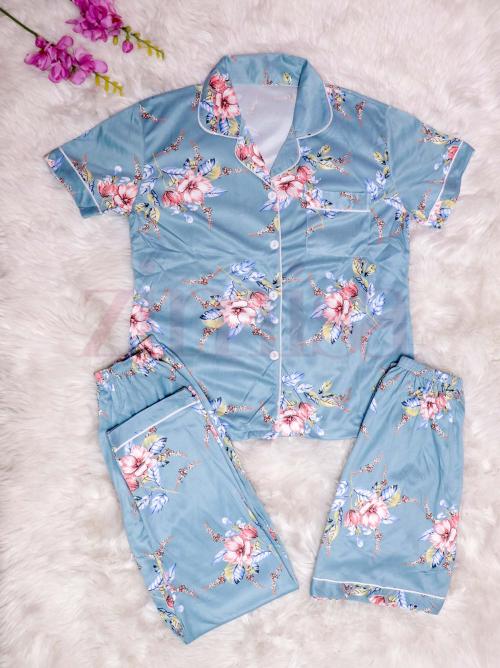 Floral Leaf Printed Three Piece Pajama Set