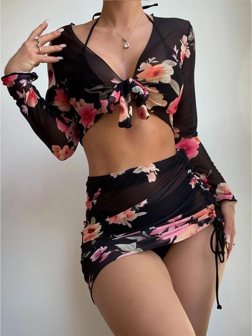 Black 4 Piece Bikini with Floral Printed Outer and Skirt