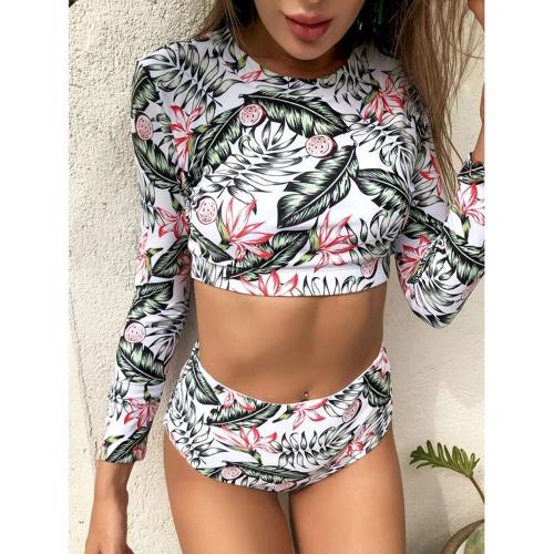 Full Sleeve Leaf Printed Two Piece Swimsuit