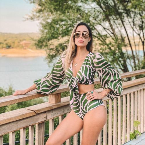 Green Quarter Puff Sleeve Two Piece Swimsuit