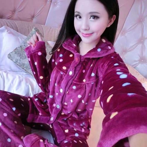 Dark Pink Dotted Flannel Pajama Set