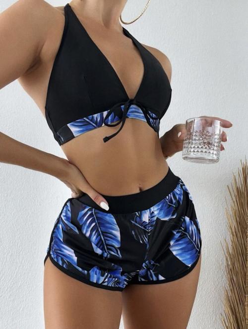 Three Piece Backless Halterneck Swimsuit with Floral Shorts