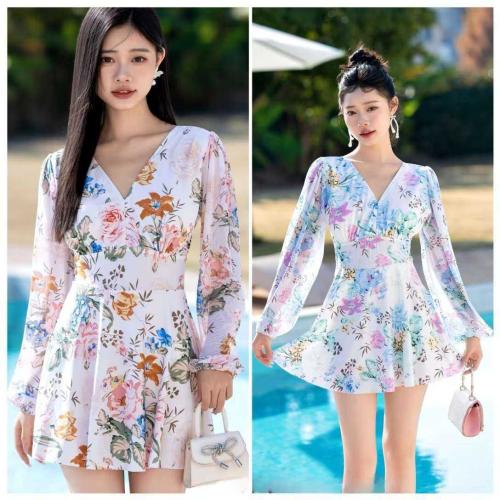 Colorful Floral Printed Full Sleeve One Piece Swimsuit
