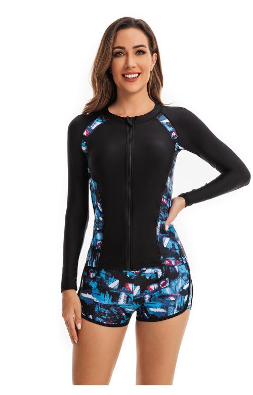 Sporty Front Zip Swimsuit with Floral Shorts
