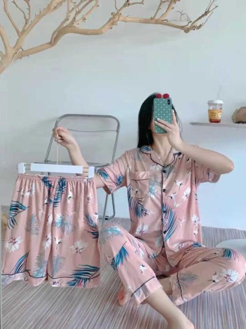 Leaf Printed Three Piece Pajama Set