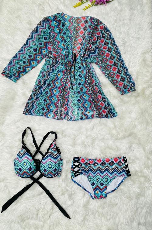 Boho Print Three Piece Swimsuit with Outer