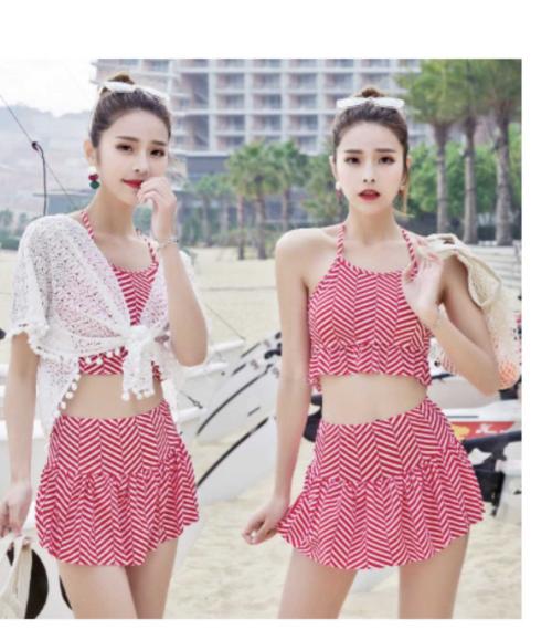 Red Three Piece Swimsuit with Lace Outer