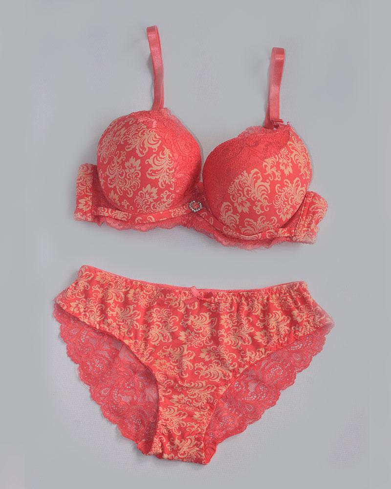 Printed Lace Design Pushup Bra and Panty Set