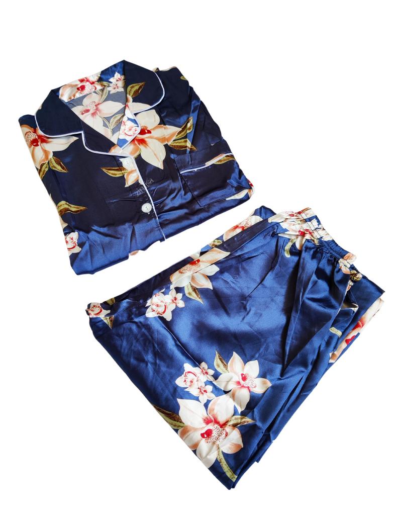 Dark Blue Two Piece Satin Silk Pajama Set