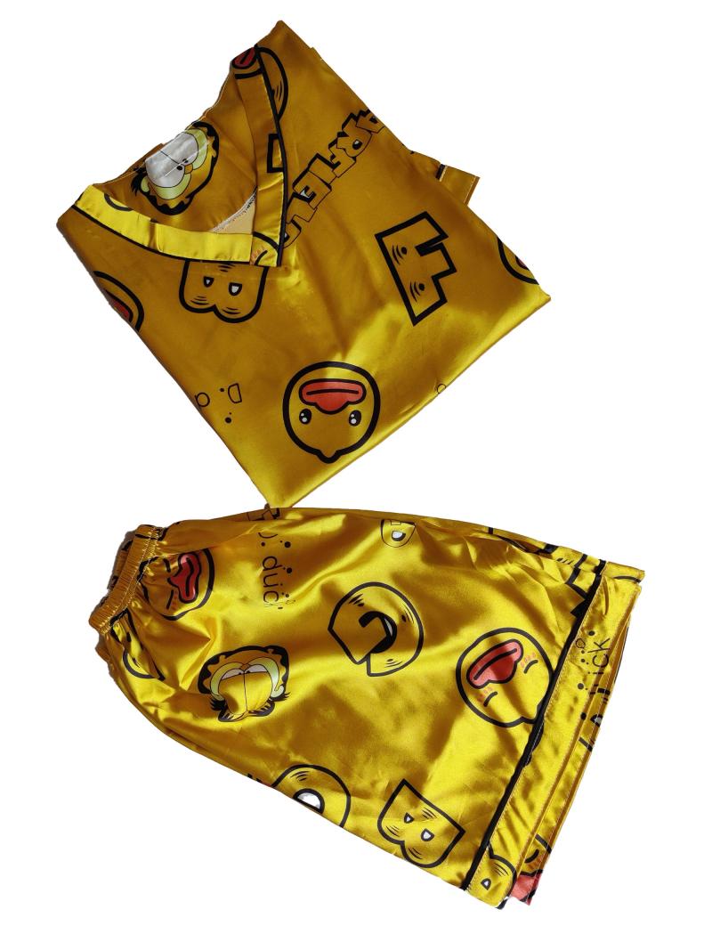 Yellow Half Sleeved Two Piece Silk Pajama Set