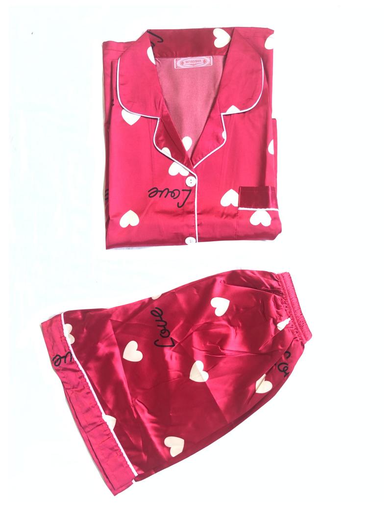 Red Heart Print Half Sleeved Two Piece Silk Pajama Set