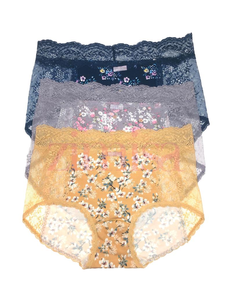 Pack of 3 Lace Bordered Floral Printed Cotton Panty