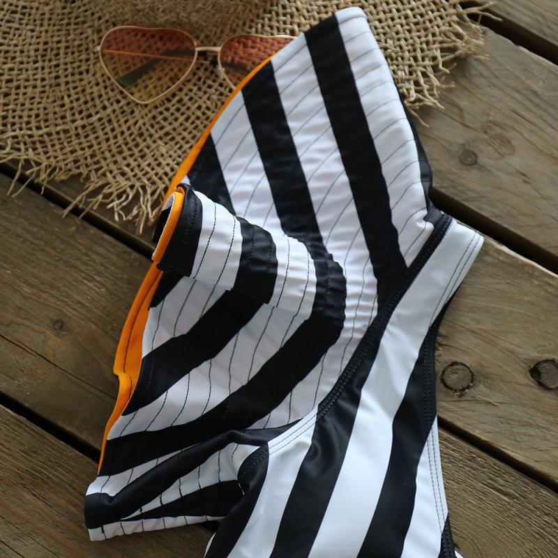Black and White Stripped Ruffle Sleeved Two Piece Stylish Swimsuit