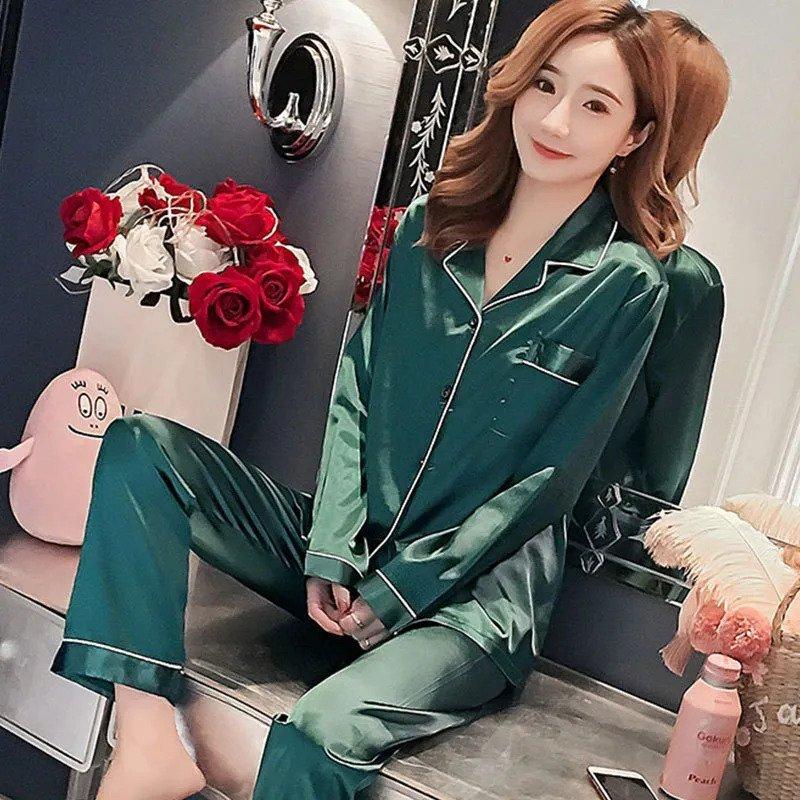 Green Silk Full Pajama Set