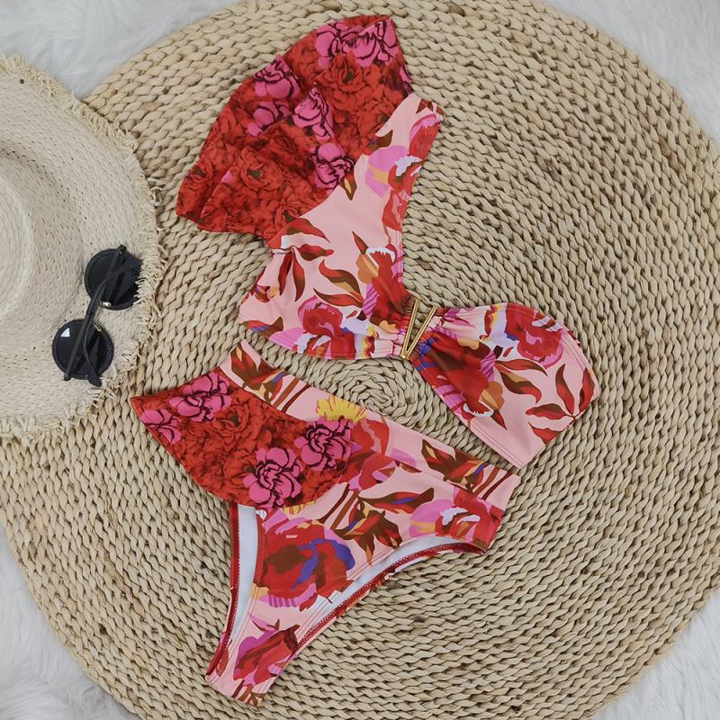 Floral Printed One Shoulder Two Piece Swimsuit