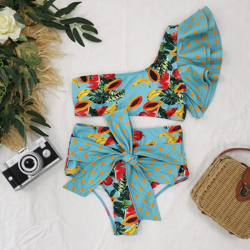 Fruits Printed One Shoulder Two Piece Swimsuit