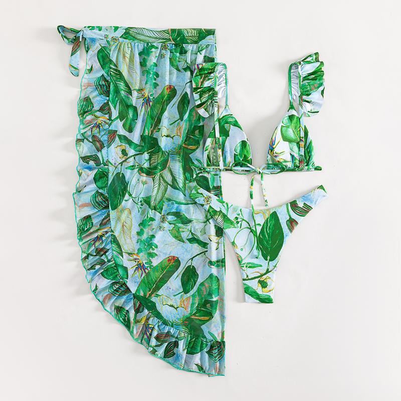 Green Floral Three Piece Swimsuit