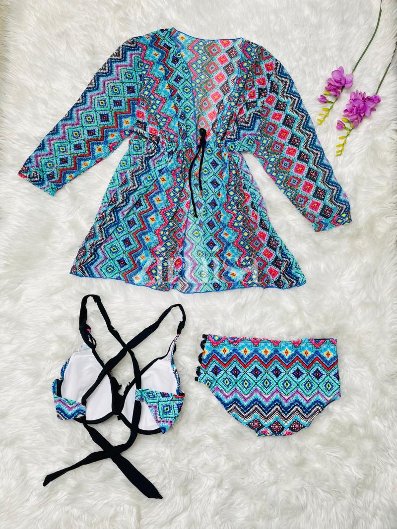Boho Print Three Piece Swimsuit with Outer